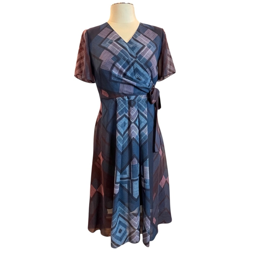 Seeler Faux Wrap Abstract Geometric Print Chiffon Dress Size Small